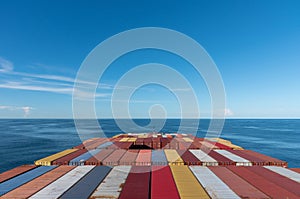 View on the top of containers loaded on deck of the large cargo ship.