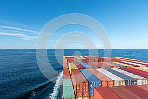 View on the top of containers loaded on deck of the large cargo ship.