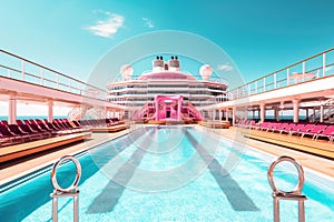 View on top deck with swimming pool on a cruise ship. Vacation on a cruise ship. Cruise. Descent on the ship