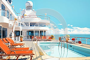 View on top deck with swimming pool on a cruise ship. Vacation on a cruise ship. Cruise. Descent on the ship