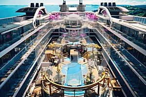 View on top deck with swimming pool on a cruise ship. Vacation on a cruise ship. Cruise. Descent on the ship