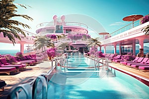 View on top deck with swimming pool on a cruise ship. Vacation on a cruise ship. Cruise. Descent on the ship