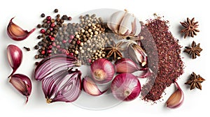 View from the top of a diagonal composition of red onions, garlic, and various spices, isolated on white background