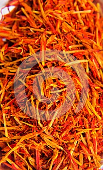 View from the top of dried saffron. Macro background.
