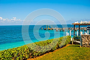 The view from the top Exotic Paradise. Tropical Resort. Caribbean sea Jetty near Cancun. Mexico beach tropical