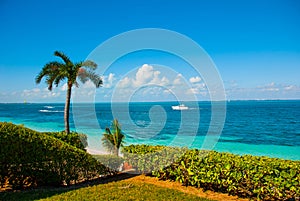 The view from the top Exotic Paradise. Tropical Resort. Caribbean sea Jetty near Cancun. Mexico beach tropical