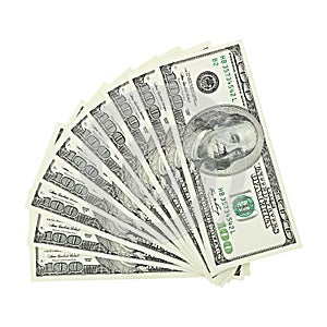 View from top fan American money hundred dollar bill isolated on white background clipping path. Pile US 100 banknote