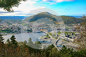 View from the top of the Floibanen funicular and Mount FlÃ¸yen. Spectacular panoramic view over the city, Bergen, Norway.