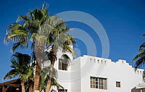 The view of top floor of house in the garden with balcony and roof