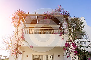 The view of top floor of house in the tropical garden with balcony and roof