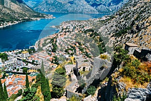 View from top of the hill down to the fortress, the town and the bay of Kotor