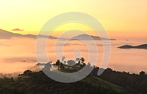 View on top of the hill during the misty sunrise at yun lai viewpoint, pai, thailand.