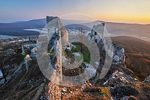 Jelenec castle ruins during sunrise