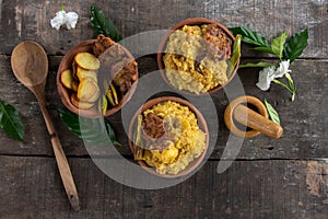 View from top of Khichdi or Khichadi, a popular Indian recipe. The food is made of dal or lentils and rice