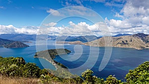 The view from the top of Maud Island, predator-free island, looking into the Marlborough Sounds in New Zealand