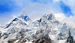 View of top of Mount Everest and Nuptse with clouds