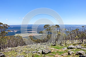 View from the top of Mount Macedon. Typical Australian landscape with woods, farmland and mountains in distance.