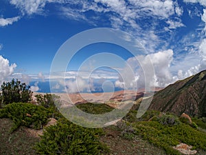 View from the top of the mountain on the blue lake, mountains an