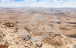 View from the top of the mountain in the early morning to the Judean desert near the town of Mitzpe Ramon in Israel