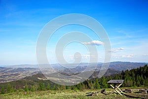 View from the top of the mountain to the lower hills. Polish scenery. South Poland