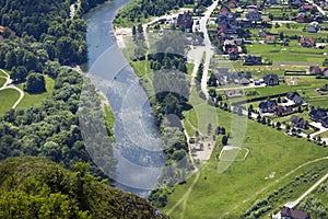 View from the top of the mountain to the Sromowce village by the river.