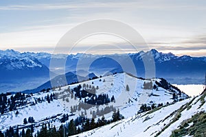 View from the top of Mt. Rigi, Switzerland, winter evening