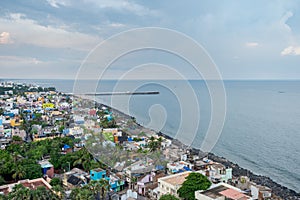 View from the top of the new lighthouse of Puducherry in South India over the city on overcast day