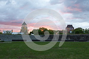 View of the top of Old Quebec buildings seen behind its walls