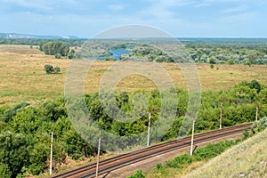 A view from the top of the railway passing through agricultural fields