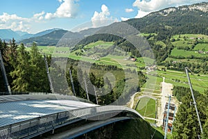 A view from a top of ski jumping hill at Bad Mitterndorf, in the Styrian part of Salzkammergut, Austria, during the summer.