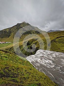 View from the top of Skogafoss waterfall in Iceland