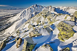 View from top of the Slavkovsky stit peak in High Tatras towards Gerlach peak