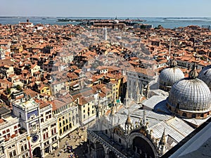 A view from the top of St Marks Campanile of St Marks Square and Basilica, Doges Palace, the amazing city of Venice