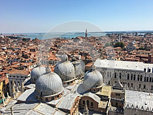 A view from the top of St Marks Campanile of St Marks Square and Basilica, Doges Palace, the amazing city of Venice