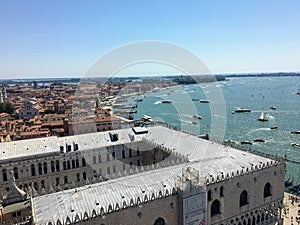 A view from the top of St Marks Campanile in St Marks Square of Doges Palace and the Grand Canal in Venice Italy.  f