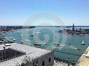 A view from the top of St Marks Campanile in St Marks Square of Doges Palace and the Grand Canal in Venice Italy.  f