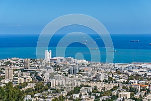 View from the top to city of Haifa in Israel and harbor at spring time.