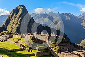 View from the top to old Inca ruins and Wayna Picchu, Machu Picchu, Urubamba provnce, Peru