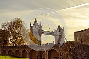 View of the top of Tower Bridge from the grounds of Tower of London.