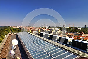 View from the top of the Vitkov Memorial on the Prague landscape and the memorials roof