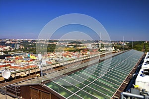 View from the top of the Vitkov Memorial on the Prague landscape and the memorials roof