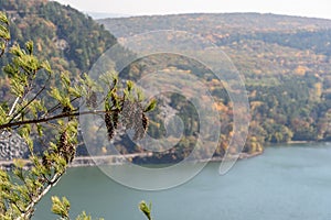 View from top of west bluff at Devil`s Lake in autumn