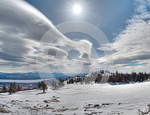 View from the top of Zyuratkul mountain on a snowy slope. HDR photo