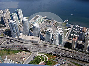 View from Toronto CN Tower on waterfront and Lakeshore Highway
