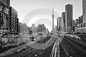 A view of Toronto downtown and CN tower in black and white over