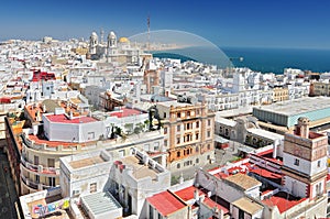 View from Torre Tavira tower to Cadiz Cathedral, also New Cathedral, Cadiz, Costa de la Luz, Andalusia, Spain