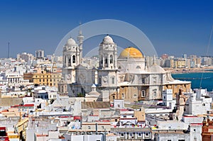 View from Torre Tavira tower to Cadiz Cathedral, also New Cathedral, Costa de la Luz, Andalusia, Spain. photo