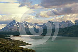 View of Torres del Paine mountains over the Pehoe lake