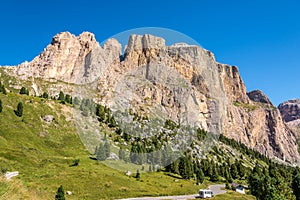 View at the Torri del Sella mountain from Sella Pass in Dolomites - Italy