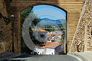 View of Tortosa through a gate, Catalonia, Spain photo